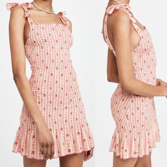 PLAYA LUCILA Tie Shoulder Smock Dress Summer Vacation Pink Floral Stripe XL NWT - Picture 2 of 7